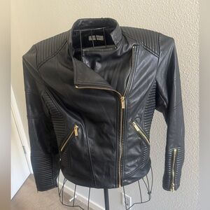 Calvin Klein Black and Gold Leather Moto Jacket